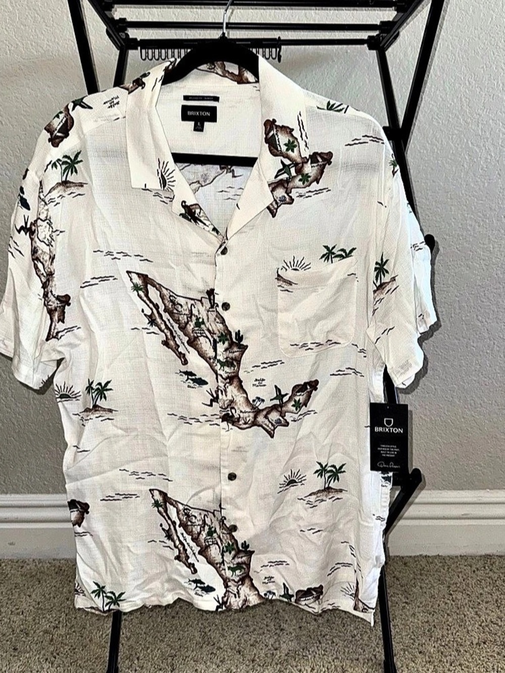 NWT Brixton Mexico Map Short Sleeve Camp Collar Resort Shirt Mens Large